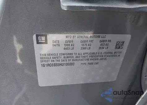 2017 Chevrolet Volt Lt из США, поврежденный, VIN 1G1RC6S55HU106080